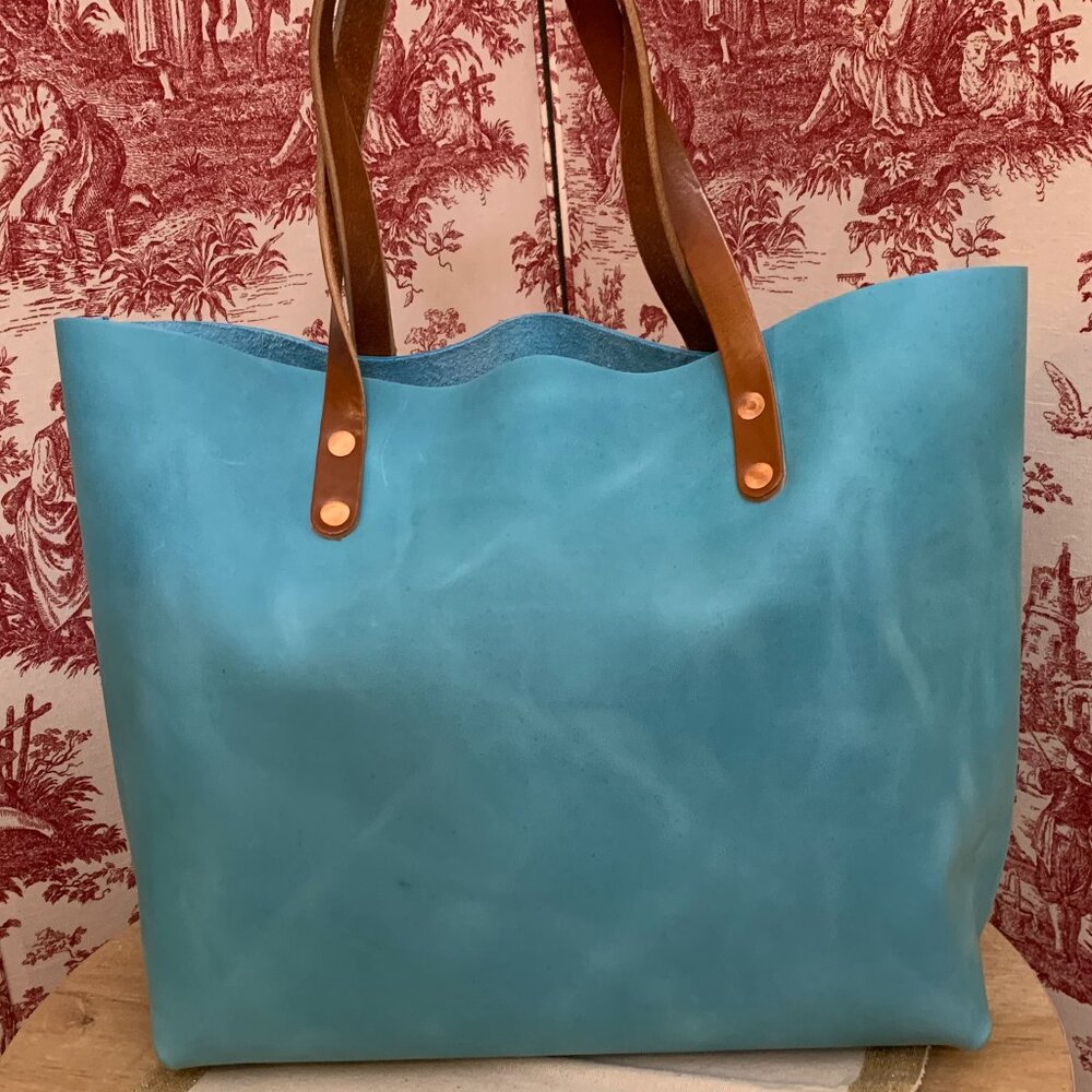 Turquoise Leather Tote with Brown Leather Handles by KMM & Co